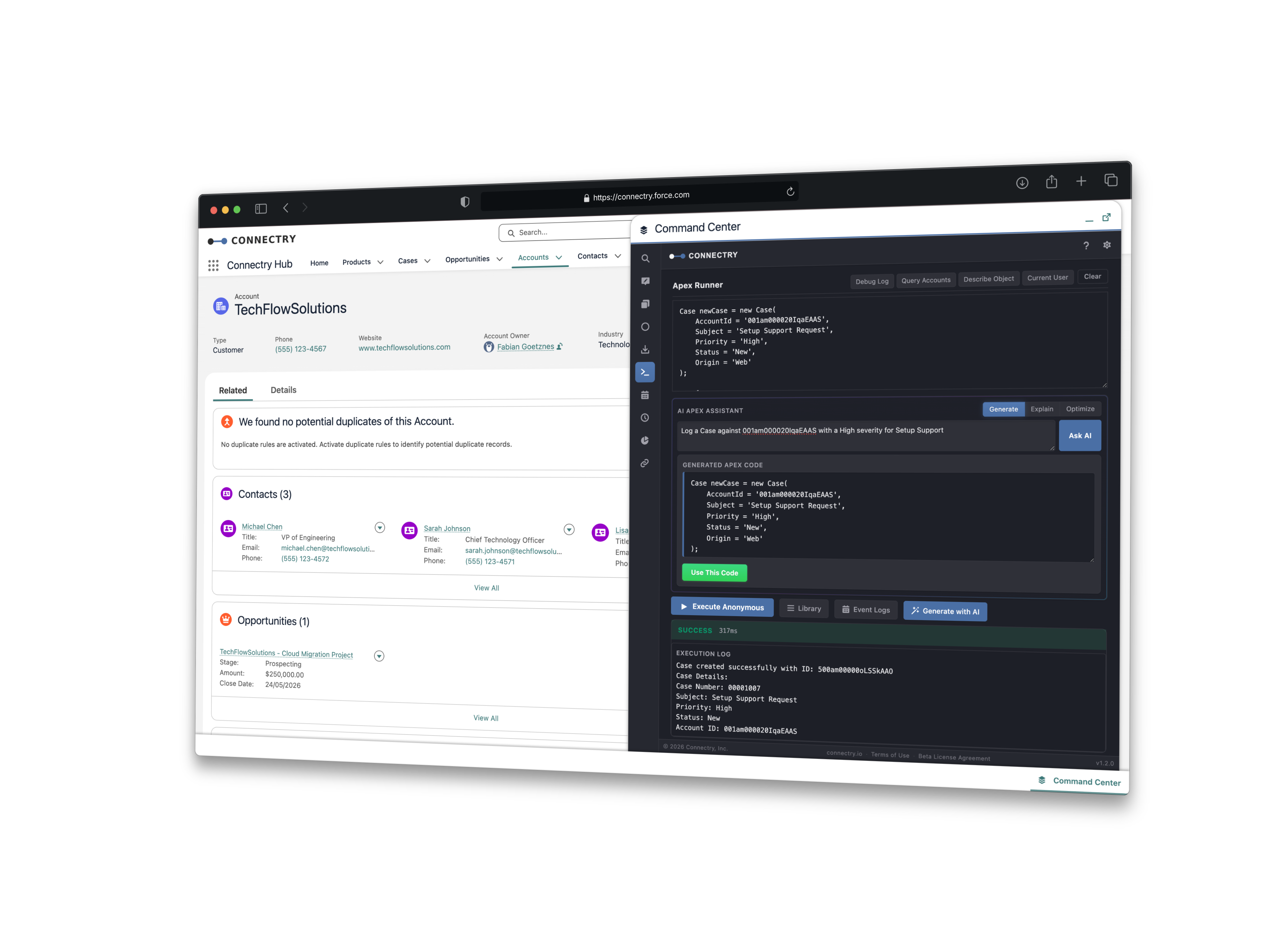 Connectry Command Center running inside Salesforce